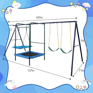English Elm 4 in 1 Kids Outdoor Swing Set Steel A-frame with Trampoline and Basketball Rim W1408P367265