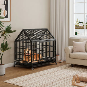 English Elm 48 Inch Pointed Roof Metal Dog Crate Folding Steel Kennel with Wheels and Slide Trays W347P431440