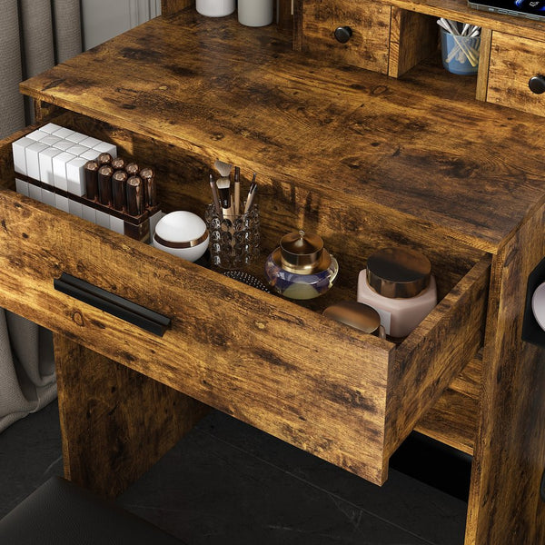 English Elm Vanity compact dressing desk with LED mirror, 3-color dimmable lights, drawers, stool, outlet Vintage W2699P345802
