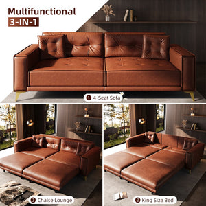 English Elm 92.1"King 3-in-1 Convertible Sleeper Sofa Bed with Tufted Faux Leather, Ultra-Wide Arms, 4-Seater Couch Light Brown W1885S00209