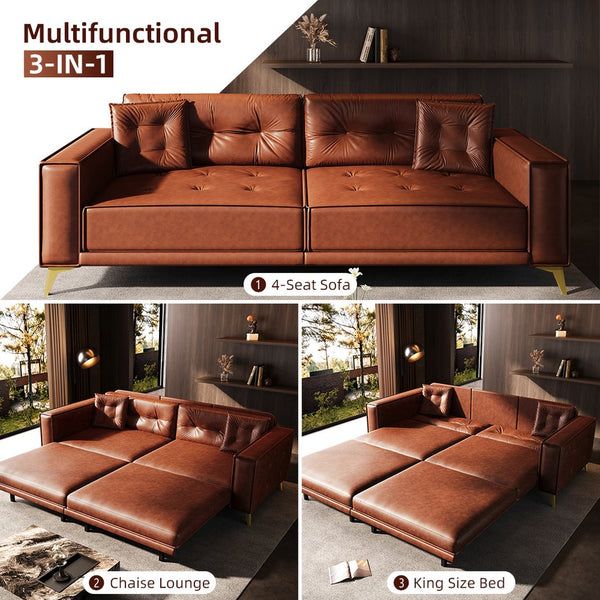 English Elm 92.1"King 3-in-1 Convertible Sleeper Sofa Bed with Tufted Faux Leather, Ultra-Wide Arms, 4-Seater Couch Light Brown W1885S00209
