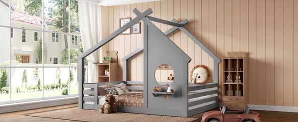 English Elm Full House Floor Bed with Roof Window and Shelf – Solid Pine Kids Loft-Style Low Bed, Durable Design Grey W1580P362698