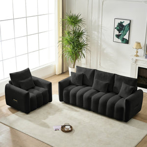 English Elm 80.7 Inch Plush Teddy Velvet 3 Seat Sofa Solid Wood Frame with Six Included Cushions Black W2564S00067