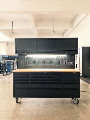 English Elm 72" Steel Rolling Tool Cabinet with Wood Benchtop 15 Drawers and Overhead Storage W5675P455304
