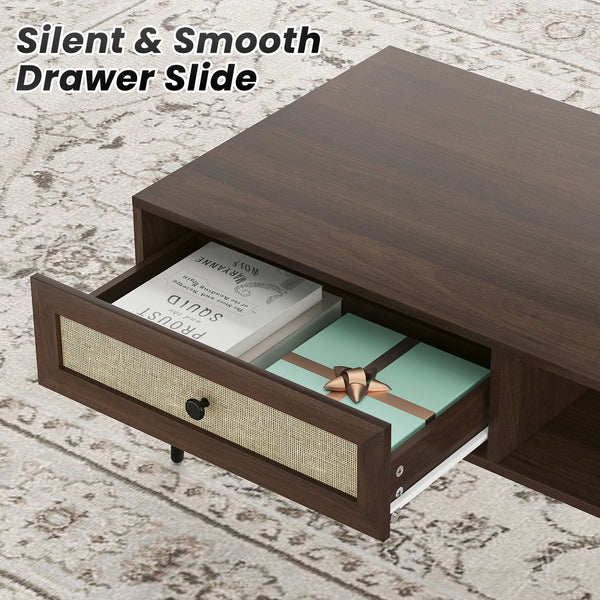 English Elm Mid-Century 47" Rectangular Coffee Table with Rattan Drawer, Open Shelf & Metal Legs for Living Room Walnut T3623P380005