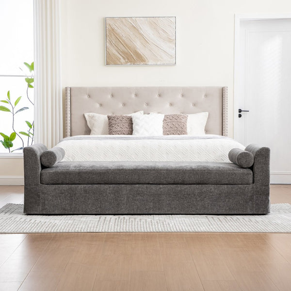 English Elm 88.58" Wide Chenille Upholstered Bench with Curved Armrests and Bolster Pillows for Bedroom Gray W3189S00028
