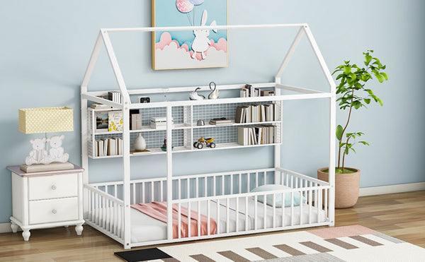 English Elm Twin House Frame Bed Powder Coated Steel with Built in Shelves for Kids Room N737P175360K