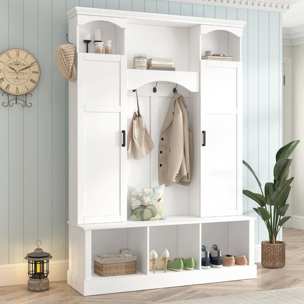 English Elm On-trend Farmhouse Hall Tree with Dual Cabinets Seven Hooks and Arched Entryway Storage White N721S000078K