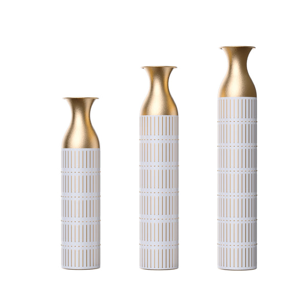 English Elm Floor White Metal Vases Set of 3 — Tall Glazed Cylinder Decor with Hammered Gold Trim, 24/28.7/33.5in W2796P193943