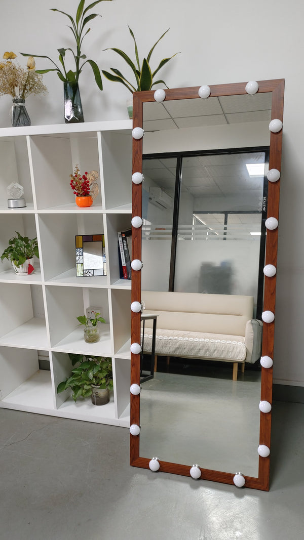 English Elm Hollywood Full Length LED Mirror with 22 Bulbs, 3 Color & Brightness Modes, Walnut Frame, Touch Control W708P297645