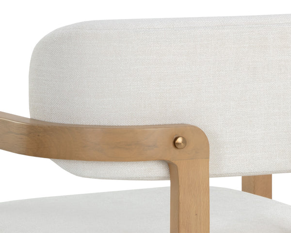 Sunpan Madrone Dining Armchair: Stunning Oak Frame with Luxurious Leather Upholstery for Timeless Elegance Rustic Oak / Heather Ivory Tweed