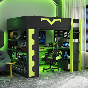English Elm Full Size Gaming Loft Bed with Desk Rgb Lighting Power Outlet and Storage Drawer Green LT000285AAF