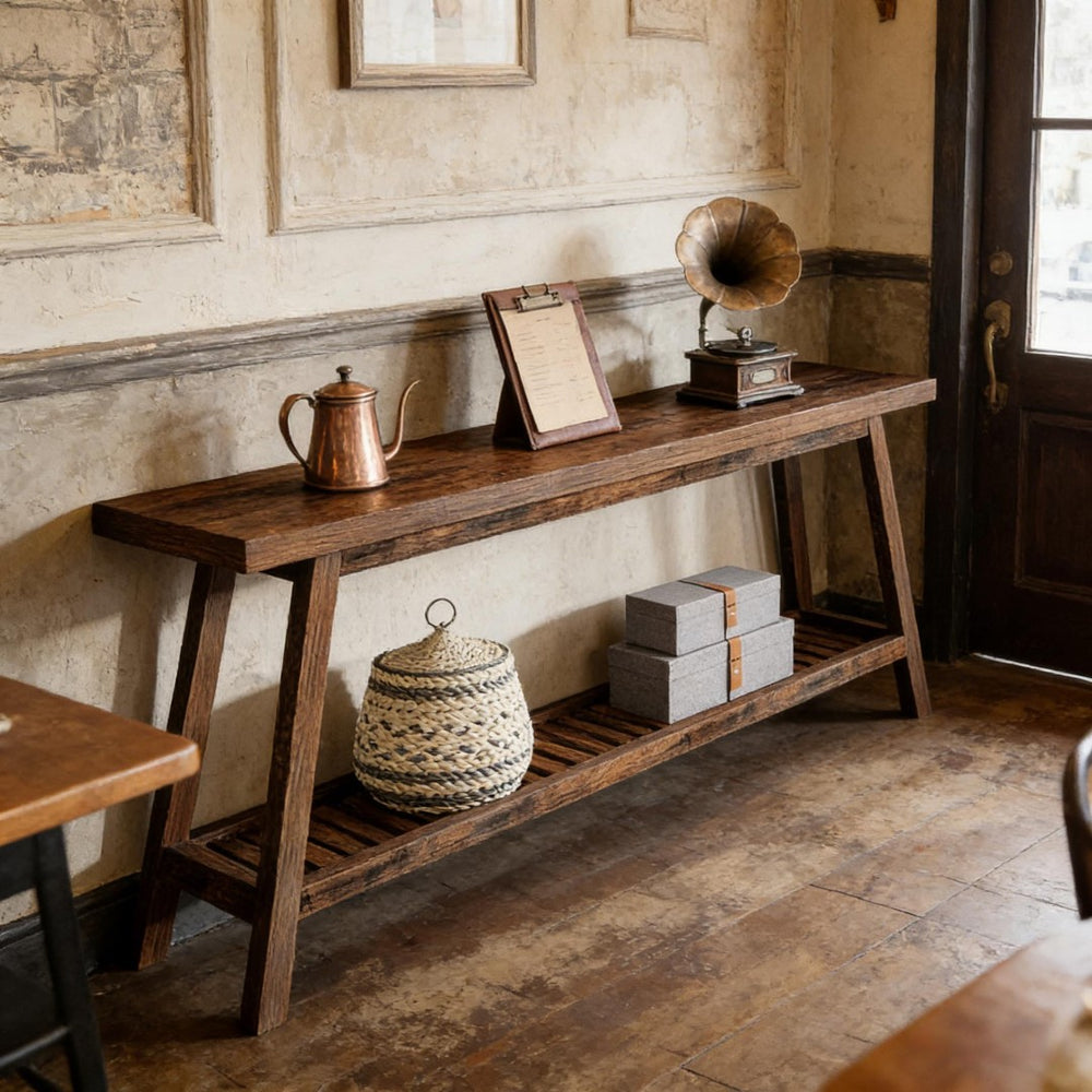 English Elm Hall Console Table Industrial Rustic Two Tier Wood Tone Metal Frame Entryway Sofa Brown T3971P451358