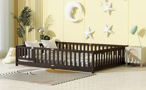 English Elm Queen Floor Bed with Safety Fence and Guardrails, Rubberwood Low Profile Platform for Kids Espresso W504P286390