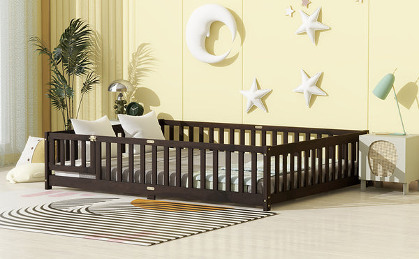 English Elm Queen Floor Bed with Safety Fence and Guardrails, Rubberwood Low Profile Platform for Kids Espresso W504P286390