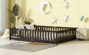 English Elm Queen Rubber Wood Floor Bed with Full Perimeter Safety Fence and Hinged Access Door Espresso W504P429342