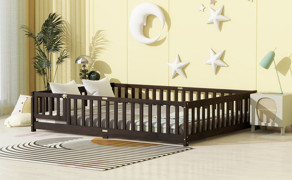 English Elm Queen Rubber Wood Floor Bed with Full Perimeter Safety Fence and Hinged Access Door Espresso W504P429342