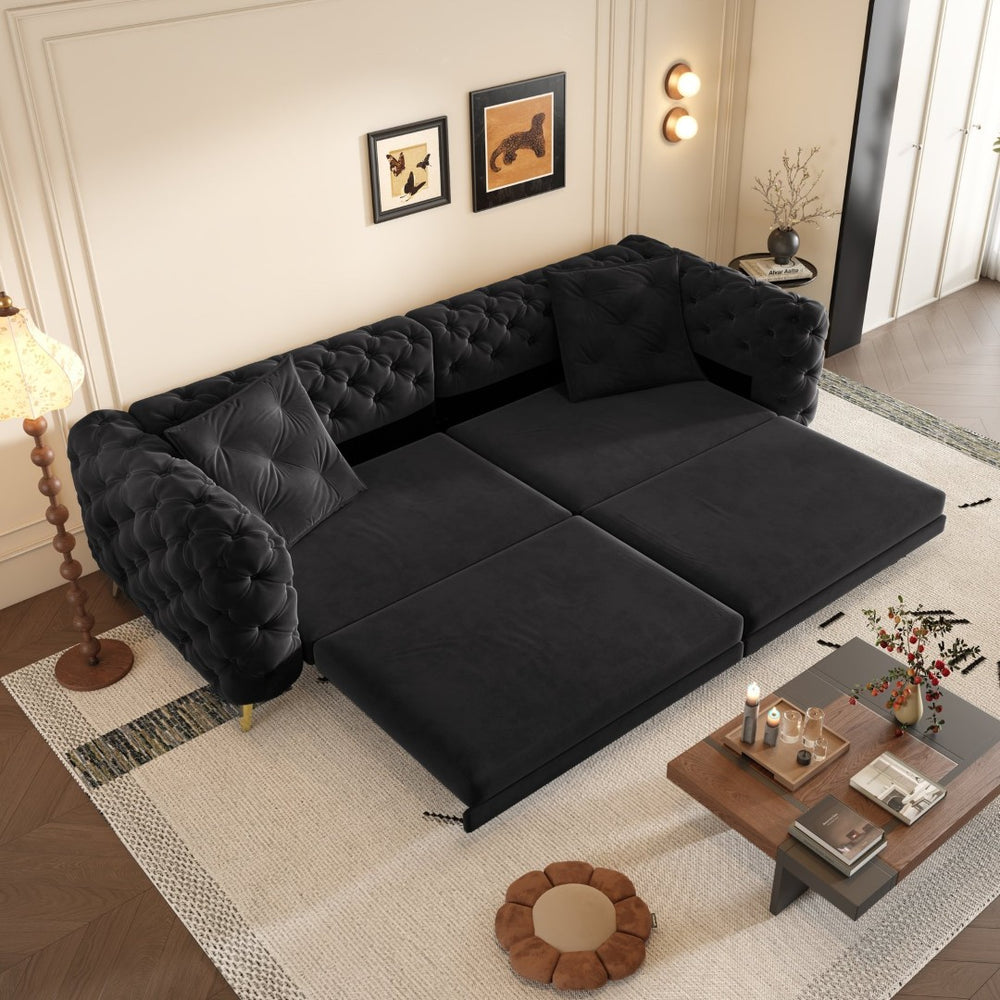 English Elm 97.6" Oversized Velvet Chesterfield Sleeper Sofa Floral Tufted Roll Arm Living Room Couch Black W1885S00410