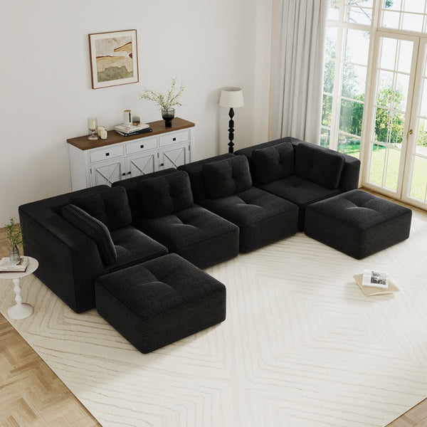 English Elm Modern Corduroy U-shaped Sectional with Deep Seating Two Ottomans Tufted Detail Black W714S01794