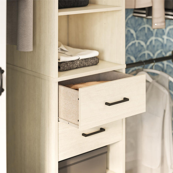 English Elm Kelly Modular Closet Tower with Open Shelves Two Drawers and Adjustable Hanging Rods B2733P436559