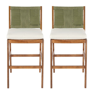 English Elm Outdoor Acacia Wood Barstools Set of 2 Wicker Back Patio Seating with Cushions Cream,Green,Teak N773P358719G