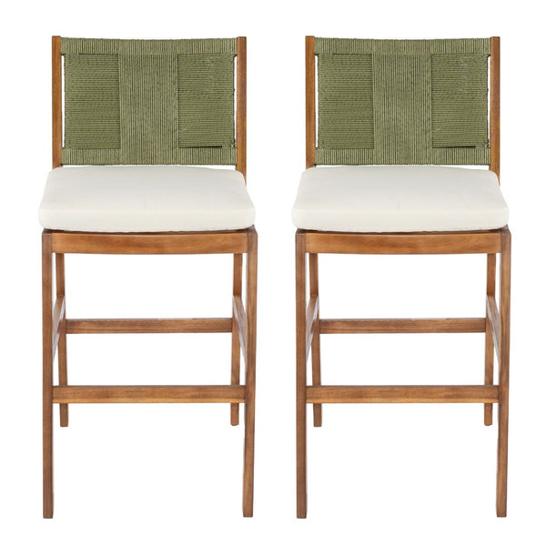 English Elm Outdoor Acacia Wood Barstools Set of 2 Wicker Back Patio Seating with Cushions Cream,Green,Teak N773P358719G