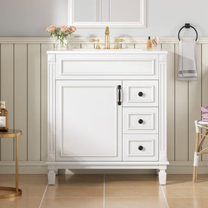 English Elm 30" French-Inspired Bathroom Vanity With Ceramic Sink, 2 Soft-Close Drawers & Adjustable Shelf Storage N710P323323K