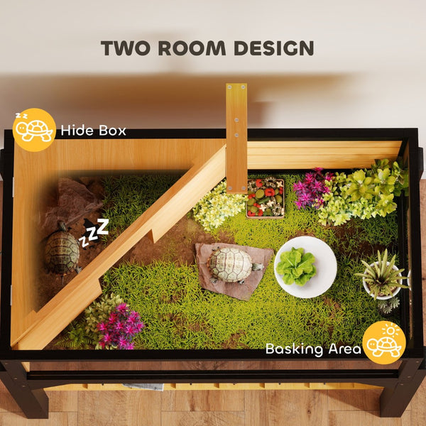 English Elm Wooden Tortoise Enclosure with Acrylic Panels Basking Zone and Supply Shelf Below T3971P390837
