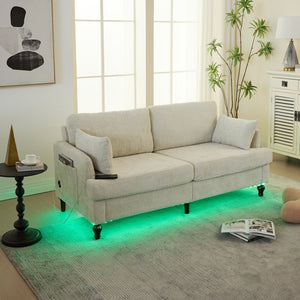 English Elm Modern chenille 2-seater sofa with LED, USB charging, storage pocket, solid wood legs, durable comfort Beige W395P318540