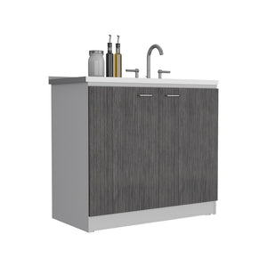 English Elm Freestanding Sink Cabinet With Double Doors & Adjustable Shelves In White And Smokey Oak Finish B097S00138