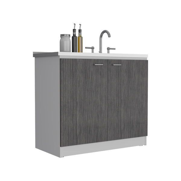 English Elm Freestanding Sink Cabinet With Double Doors & Adjustable Shelves In White And Smokey Oak Finish B097S00138
