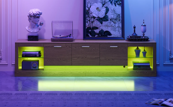 English Elm 78'' Modern TV Stand with LED Lights, 6 Cabinets, 2 Open Shelves, Soft-Close Doors & Cable Management for TVs up to 90" N710P332619P