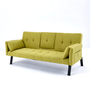 English Elm 70-inch Foldable Cotton Linen Sofa Bed with Cup Holder & Side Storage, Space-Saving 2-Seater Design Green W3371P337200
