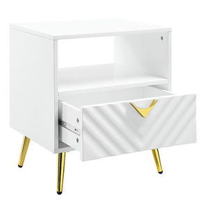 English Elm White High Gloss Modern End Table with Drawer & Open Shelf, Metal Legs, Smooth 2/3 Extension Glide (White) B062P189207