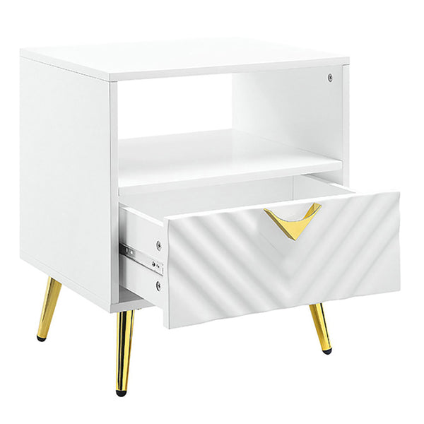 English Elm White High Gloss Modern End Table with Drawer & Open Shelf, Metal Legs, Smooth 2/3 Extension Glide (White) B062P189207