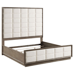 English Elm Prescott Eastern King Bed Cream Grid Tufted Headboard Taupe Oak Wood Frame B062S01485