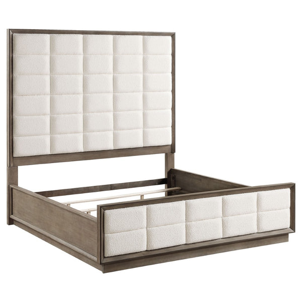 English Elm Prescott Eastern King Bed Cream Grid Tufted Headboard Taupe Oak Wood Frame B062S01485