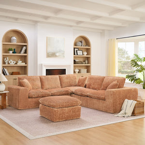 English Elm 107'' Boucle Modular Sectional Sofa Deep Cloud Cushions Reversible Chaise Living Room Orange W1413S00170