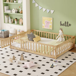 English Elm Full Size Rubberwood Floor Bed with Safety Guardrails and Latching Door for Toddlers Natural W504P429299