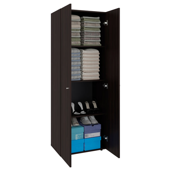 English Elm Home 2 Door Closet System Stained Walnut – Compact 66.9" H Freestanding Wardrobe with 4 Shelves, Durable Engineered Wood Storage B200P350347