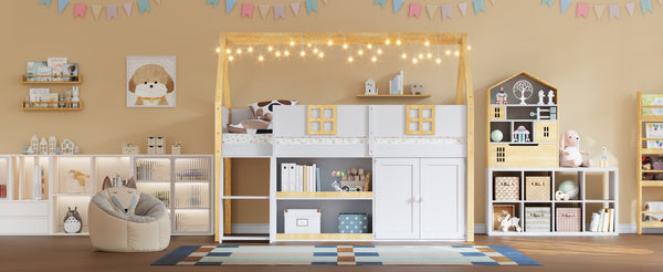 English Elm Twin-size Pine Low Loft Bed with House Canopy Step Stairs Storage Cabinet Led Lights N7090005033K