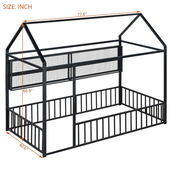 English Elm Twin House Frame Bed Powder Coated Steel with Built in Shelves for Kids Room N737P175360B