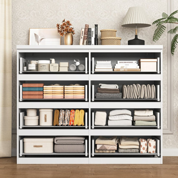English Elm 8 Drawer Tall Chest Slim Particleboard Build Smooth Gliding Storage for Bedroom Closet White W409S00030