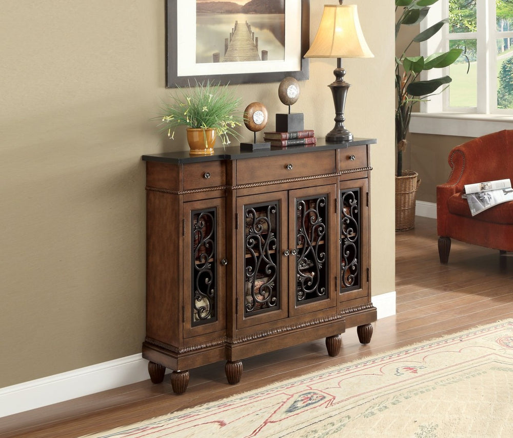 English Elm Vidi Oak Finish Entryway Console Cabinet with Felt Drawers and Bronze Hardware B2726P293609
