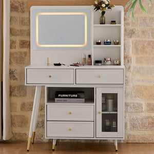 English Elm Modern Makeup Vanity Desk with LED 3-Color Mirror, Built-In Power Station, Sliding Cabinet, Stool White N844P288432A