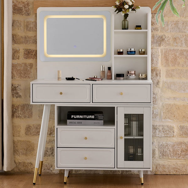 English Elm Modern Makeup Vanity Desk with LED 3-Color Mirror, Built-In Power Station, Sliding Cabinet, Stool White N844P288432A