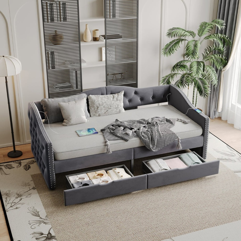 English Elm Full Boucle Upholstered Daybed with Tufted Headboard Storage Drawers and Usb Ports W1670S00027