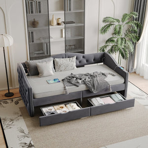 English Elm Full Boucle Upholstered Daybed with Tufted Headboard Storage Drawers and Usb Ports W1670S00027