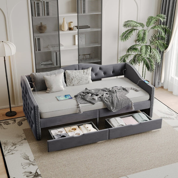 English Elm Full Boucle Upholstered Daybed with Tufted Headboard Storage Drawers and Usb Ports W1670S00027