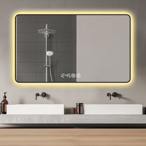 English Elm 48x32 Black Frame Wall Mirror with Time & Temp Display, 3-Color Dimmable LED, Defogger, Safety Glass W2709P242468